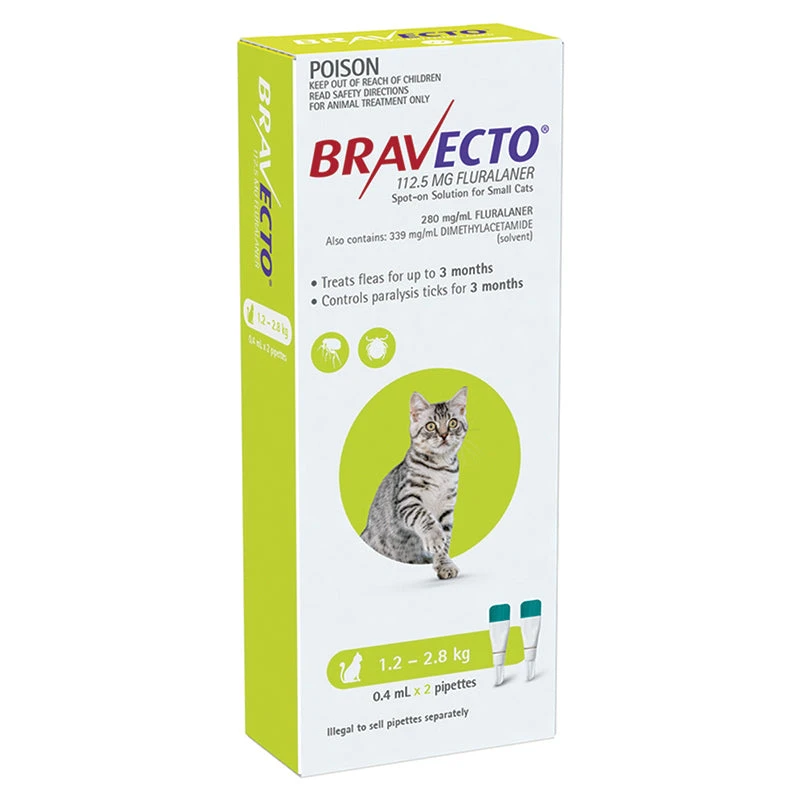 Bravecto Spot-on For Small Cats 1.2kg-2.8kg (Green) - 3 Month Flea And Tick Protection 1 Bravecto Spot-on For Small Cats 1.2kg-2.8kg (Green) - 3 Month Flea And Tick Protection