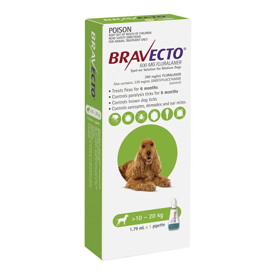 Bravecto Spot-on For Dogs 10kg-20kg (Green) - 1 Pack 1 Bravecto Spot-on For Dogs 10kg-20kg (Green) - 1 Pack