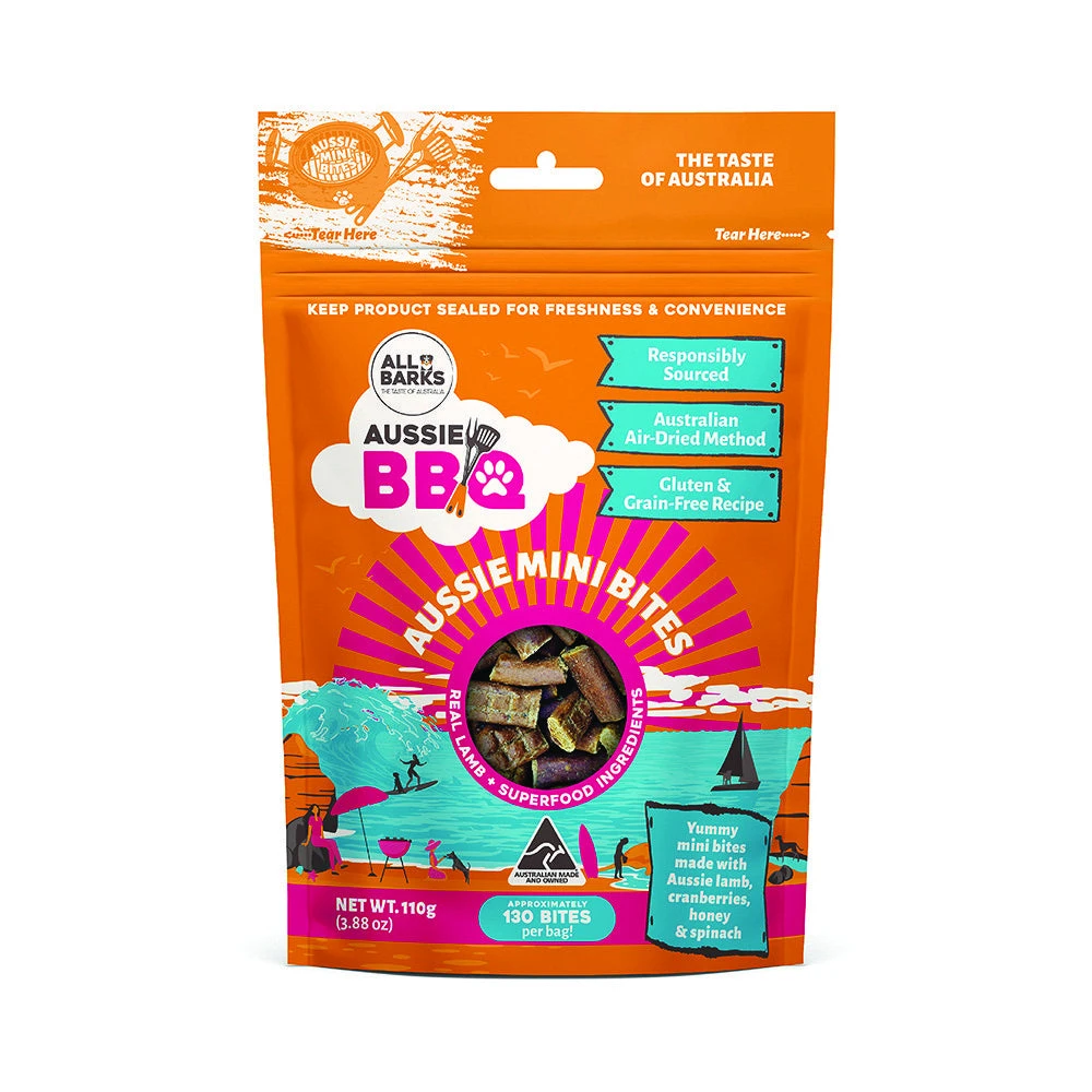 All Barks Aussie BBQ Mini Bites Lamb & Superfoods Dog Treats 110g 1 All Barks Aussie BBQ Mini Bites Lamb & Superfoods Dog Treats 110g