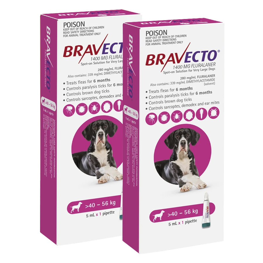 Bravecto Spot-On For Dogs 40kg-56kg (Pink) -2 Pack Value Bundle 1 Bravecto Spot-On For Dogs 40kg-56kg (Pink) -2 Pack Value Bundle