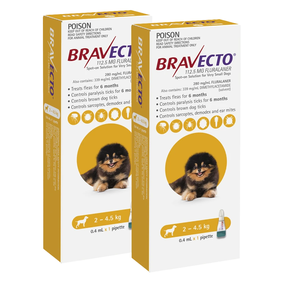 Bravecto Spot-on For Dogs 2kg-4.5kg (Yellow) - 2 Pack Value Bundle 1 Bravecto Spot-on For Dogs 2kg-4.5kg (Yellow) - 2 Pack Value Bundle