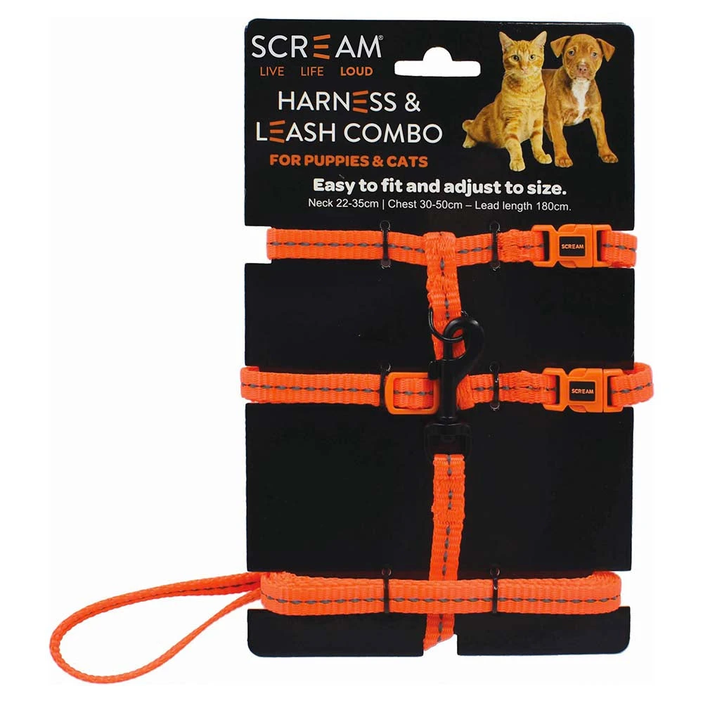 Scream Reflective Adjustable Nylon Cat/Puppy Harness & Leash Combo 1 Scream Reflective Adjustable Nylon Cat/Puppy Harness & Leash Combo